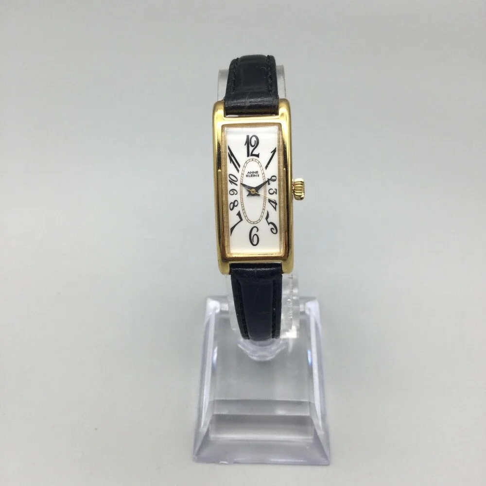 Anne Klein Tank Womens Watch 16mm White Dial Gold Tone Black Leather New Battery